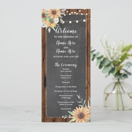 Rustic Wood Chalk Sunflower Wedding Programme Programmakaart (Staand voorkant)