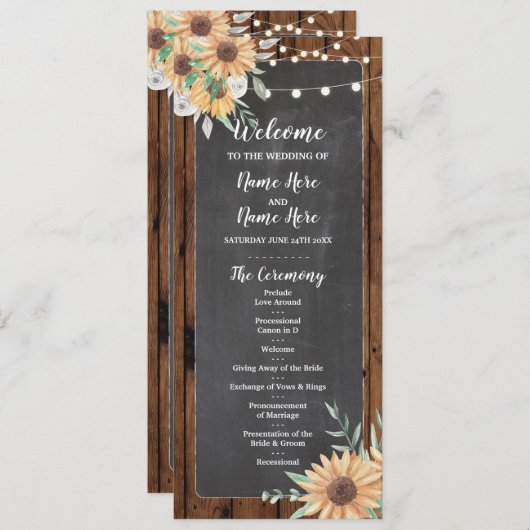 Rustic Wood Chalk Sunflower Wedding Programme Programmakaart (Voorkant / Achterkant)