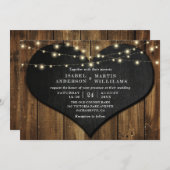 Rustic Wood Chalkboard Heart String Lights Wedding Kaart (Voorkant / Achterkant)