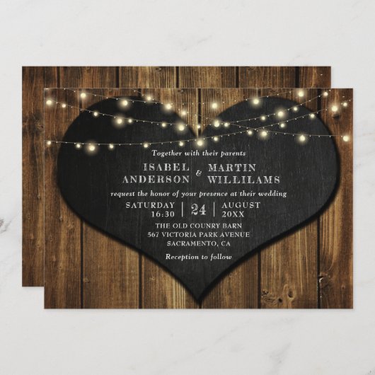 Rustic Wood Chalkboard Heart String Lights Wedding Kaart (Voorkant / Achterkant)