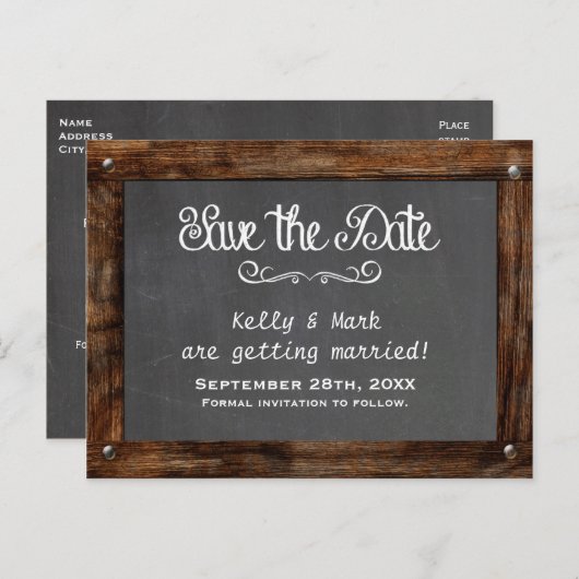 Rustic Wood CHALKBOARD Save the Date Briefkaart (Voorkant / Achterkant)