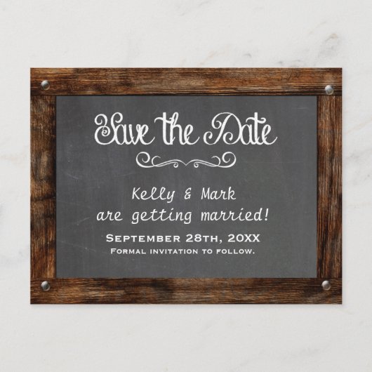 Rustic Wood CHALKBOARD Save the Date Briefkaart (Voorkant)