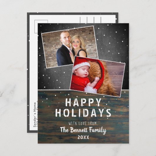 Rustic Wood Chalkboard Sneeuw 2 Kerstmis Briefkaart (Voorkant / Achterkant)