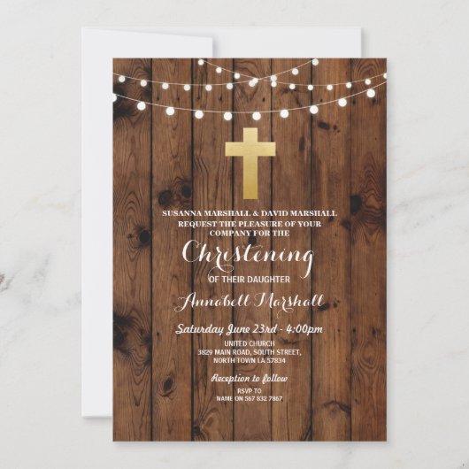 Rustic Wood Christening of Baptism Gold Cross Kaart (Voorkant)