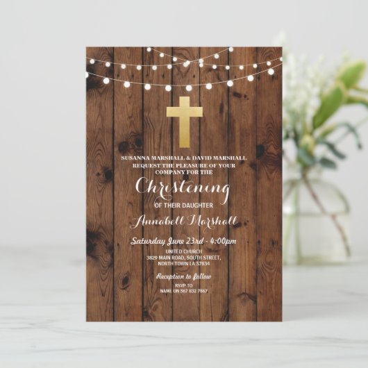 Rustic Wood Christening of Baptism Gold Cross Kaart (Staand voorkant)