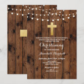 Rustic Wood Christening of Baptism Gold Cross Kaart (Voorkant / Achterkant)