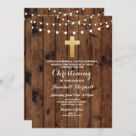 Rustic Wood Christening of Baptism Gold Cross Kaart