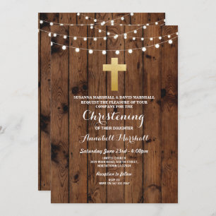 Rustic Wood Christening of Baptism Gold Cross Kaart