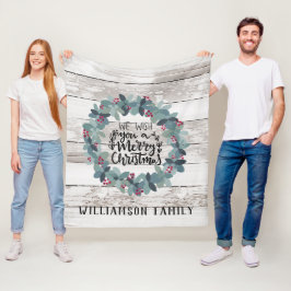Rustic Wood Christmas Wreath familienaam Fleece Deken