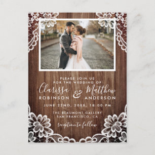 Rustic Wood & Classy Lace Wedding Photo Uitnodiging Briefkaart