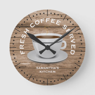 Rustic Wood Coffee Theme Farmhouse Kitchen Ronde Klok