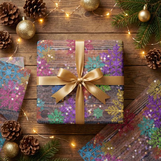 Rustic Wood Colorful Glitter Snowflakes Christmas Tissuepapier