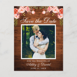 Rustic Wood Coral Floral Save the Date Photo Aankondigingskaart