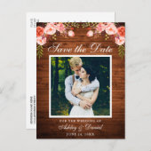 Rustic Wood Coral Floral Save the Date Photo Aankondigingskaart (Voorkant / Achterkant)