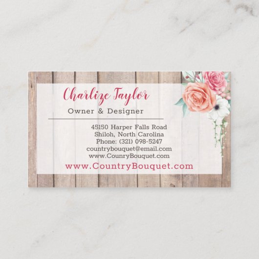 Rustic Wood Country Farmhouse Floral Roos Elegant Visitekaartje (Achterkant)