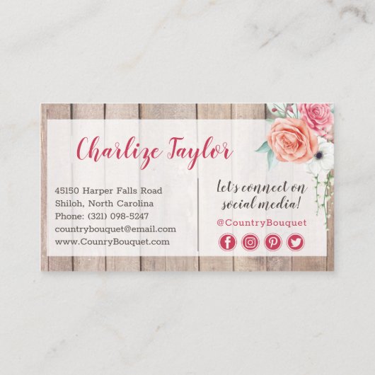Rustic Wood Country Farmhouse Floral Social Media Visitekaartje (Achterkant)