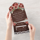 Rustic Wood Country Lace Marsala Floral Wedding All In One Uitnodiging (Afscheurbaar)