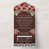 Rustic Wood Country Lace Marsala Floral Wedding All In One Uitnodiging (Binnen)