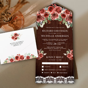 Rustic Wood Country Lace Marsala Floral Wedding All In One Uitnodiging