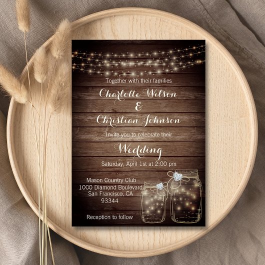 Rustic Wood Country Mason Jar Lights Wedding Kaart