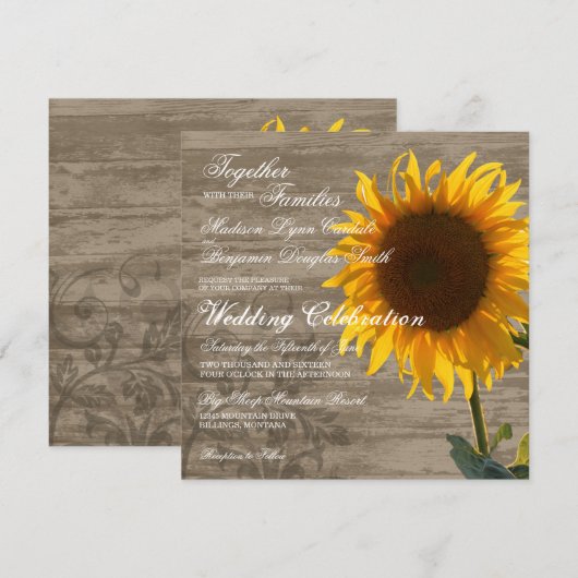 Rustic Wood Country Sunflower Wedding Invitting Kaart (Voorkant / Achterkant)