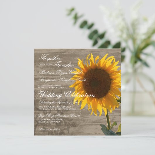 Rustic Wood Country Sunflower Wedding Invitting Kaart (Staand voorkant)