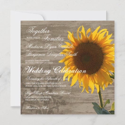 Rustic Wood Country Sunflower Wedding Invitting Kaart (Voorkant)