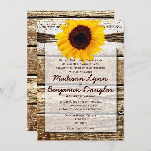 Rustic Wood Country Sunflower Wedding Invitting Kaart (Voorkant / Achterkant)