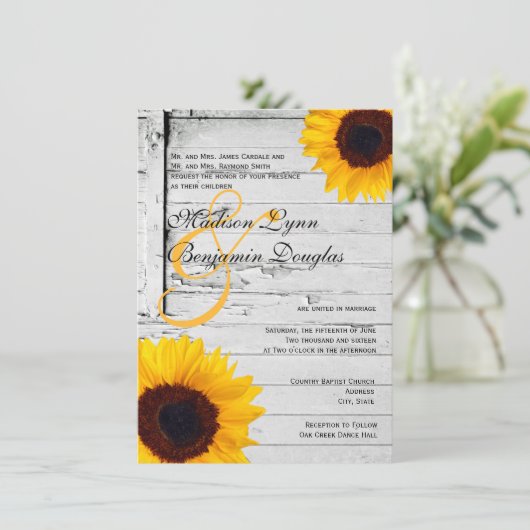 Rustic Wood Country Sunflower Wedding Invitting Kaart (Staand voorkant)