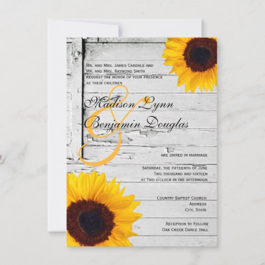 Rustic Wood Country Sunflower Wedding Invitting Kaart (Voorkant)