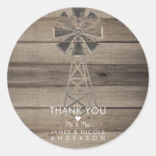Rustic Wood Country Wind Mill Wedding Ronde Sticker (Voorkant)