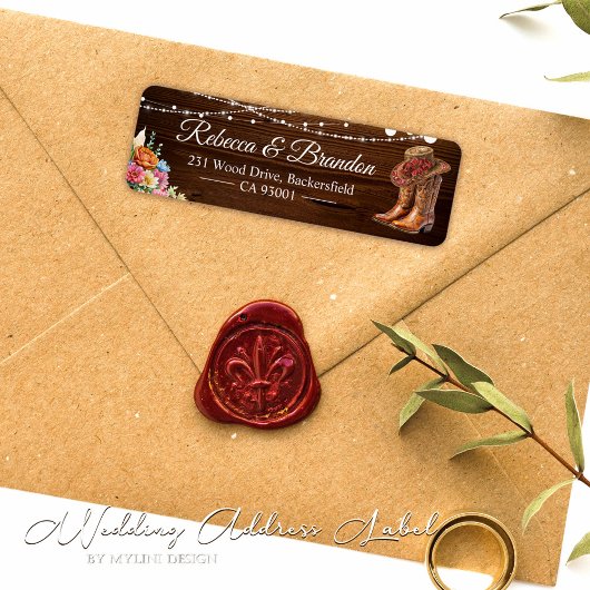 Rustic Wood Cowboy Laarzen Westerne bruiloft adres Etiket