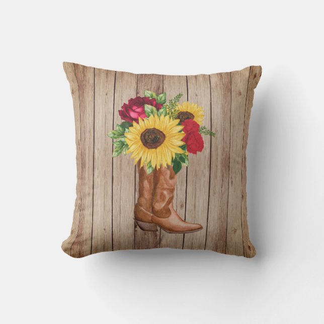 Rustic Wood Cowgirl Boots Sunflower Red Roses Buitenkussen (Voorkant)