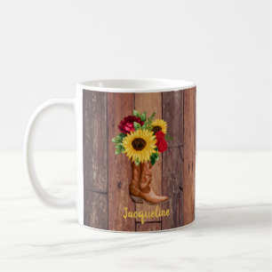 Rustic Wood Cowgirl Boots Sunflower Rozen Koffiemok