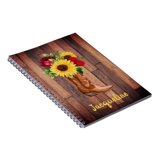 Rustic Wood Cowgirl Boots Sunflower Rozen Notitieboek (Rechterzijde)