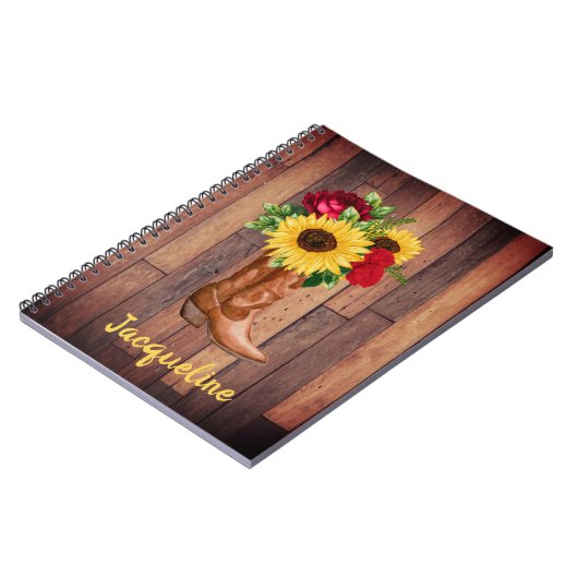 Rustic Wood Cowgirl Boots Sunflower Rozen Notitieboek (Linkerzijde)