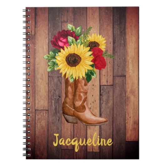 Rustic Wood Cowgirl Boots Sunflower Rozen Notitieboek (Voorkant)