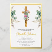 Rustic Wood Cross Boho Pampas Eucalyptus Baptisme Folie Uitnodiging (Voorkant)