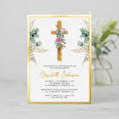 Rustic Wood Cross Boho Pampas Eucalyptus Baptisme Folie Uitnodiging (Staand Voorkant)