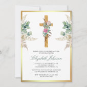 Rustic Wood Cross Boho Pampas Eucalyptus Baptisme Kaart (Voorkant)