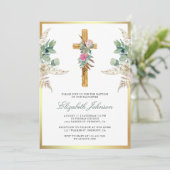 Rustic Wood Cross Boho Pampas Eucalyptus Baptisme Kaart (Staand voorkant)