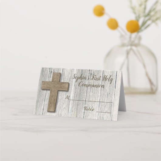 Rustic Wood Cross Eerste Communie - Plaats Kaart Plaatskaartje (Voorkant)