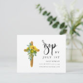 Rustic Wood Cross Elegant Script Doop RSVP-kaart RSVP Kaartje (Staand voorkant)