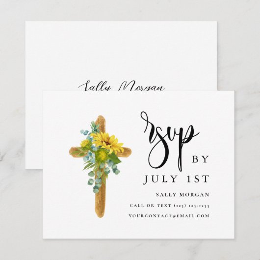 Rustic Wood Cross Elegant Script Doop RSVP-kaart RSVP Kaartje (Voorkant / Achterkant)