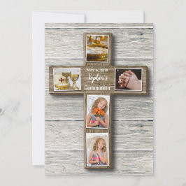 Rustic Wood Cross First Communication Photo Invita Kaart