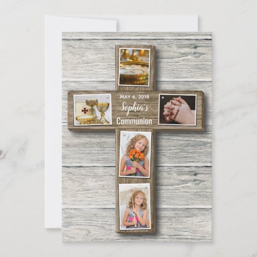 Rustic Wood Cross First Communication Photo Invita Kaart (Voorkant)