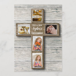 Rustic Wood Cross First Communication Photo Invita Kaart