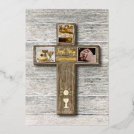 Rustic Wood Cross First Heilige Communie Folie Feestdagenkaart