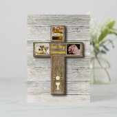 Rustic Wood Cross First Heilige Communie Folie Feestdagenkaart (Staand Voorkant)