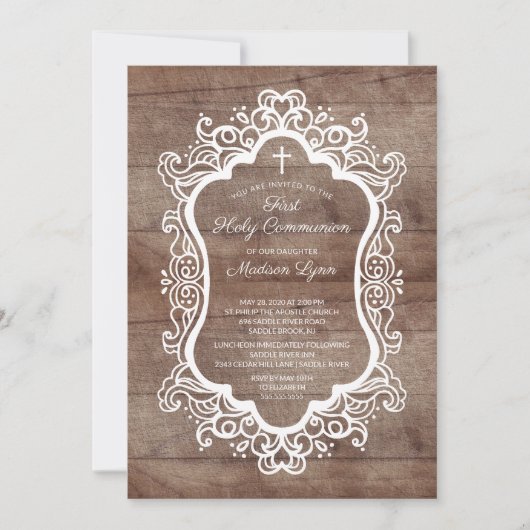 Rustic Wood Cross First Heilige Communie Kaart (Voorkant)
